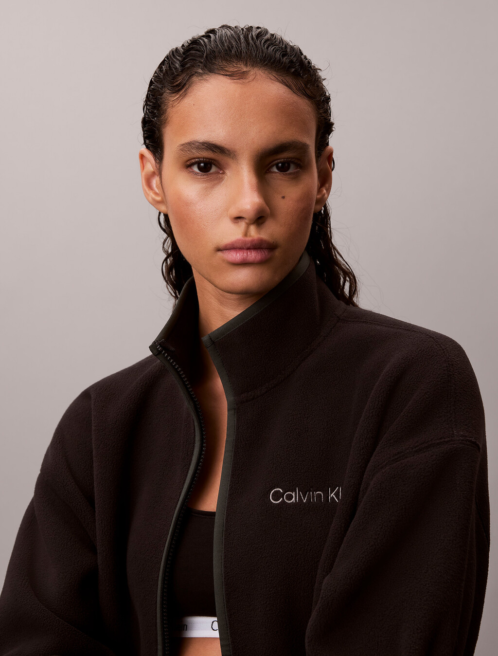 Fleece Relaxed Mock Neck Jacket, Black, hi-res