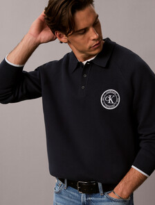Cotton Knit Varsity Polo Jumper, Dark Sapphire, hi-res