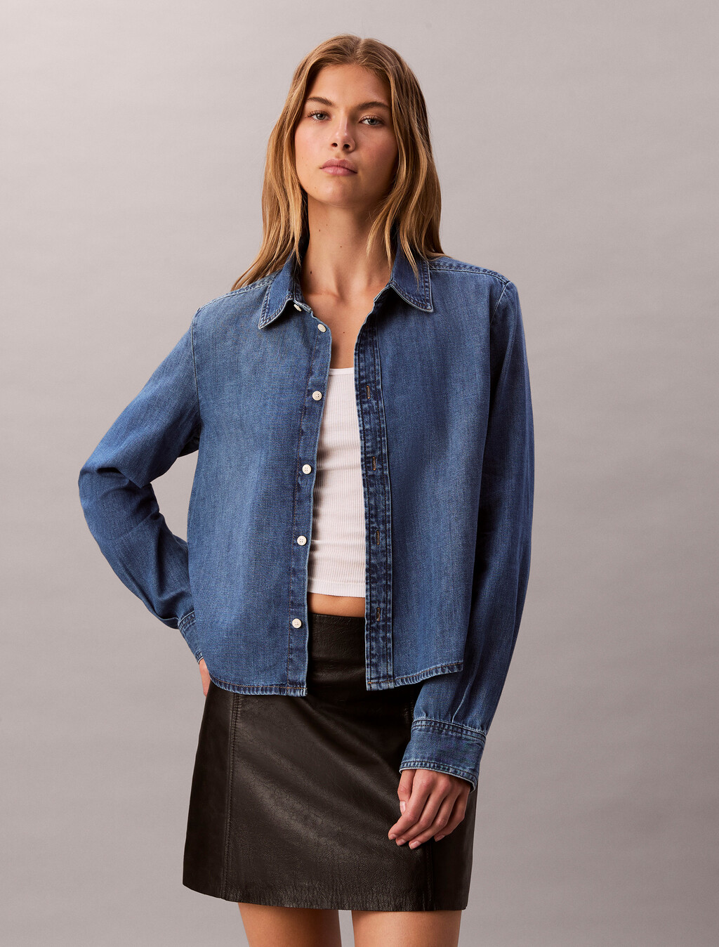 Cropped Denim Shirt, INDIGO HASTINGS, hi-res