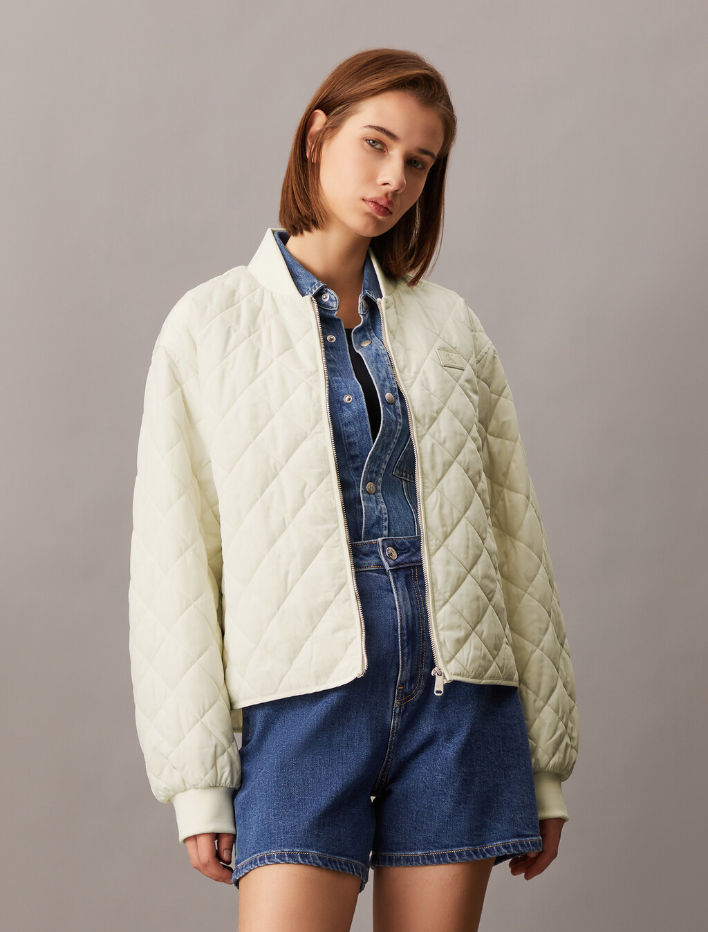 Relaxed Quilted Bomber Jacket, Ivory, hi-res