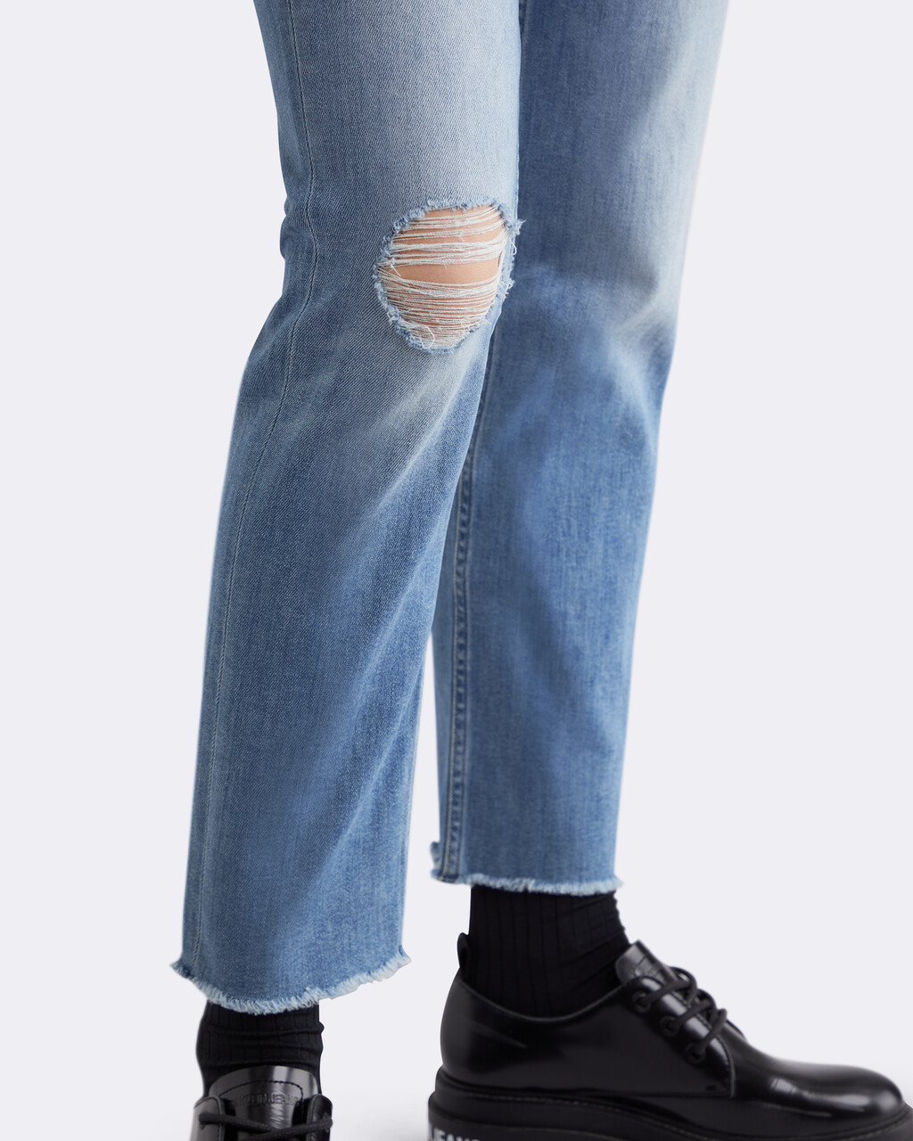 Italian Denim High Rise Distressed Slim Straight Jeans, 205 LIGHT RWH, hi-res