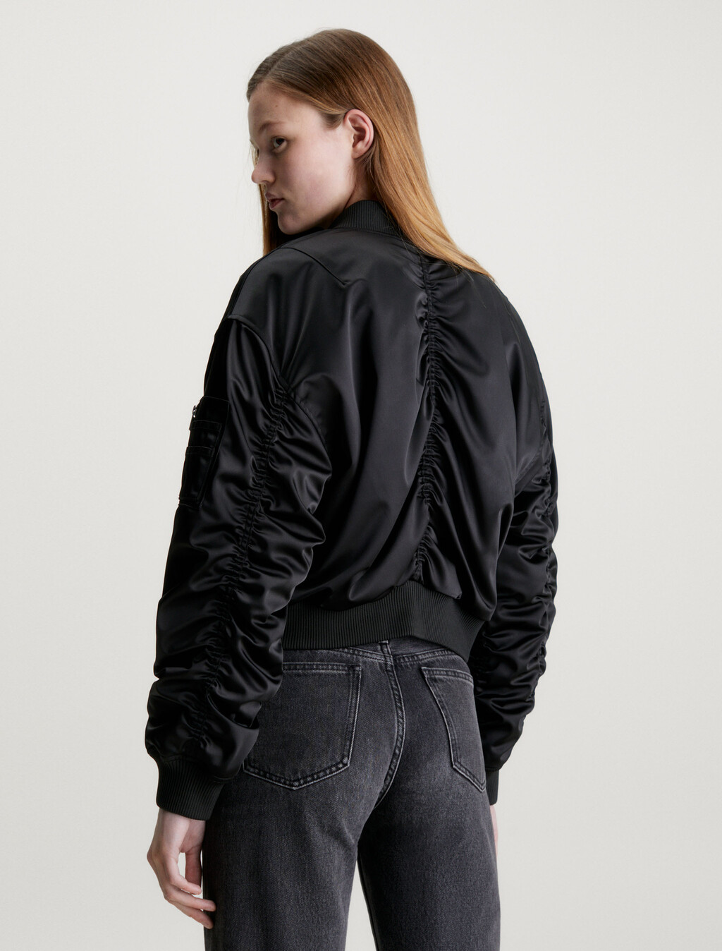 Cropped Satin Bomber Jacket, Ck Black, hi-res