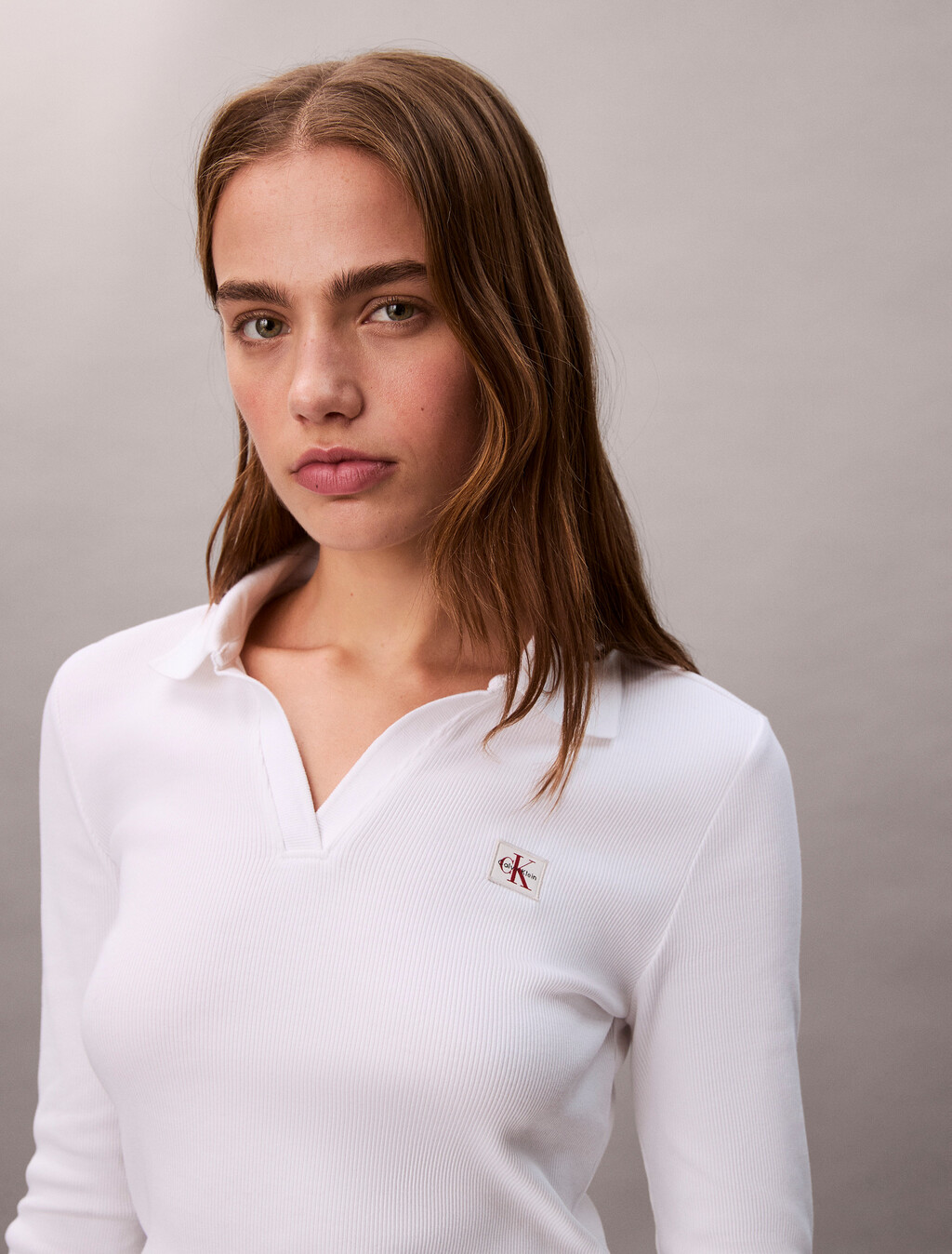 Woven Monologo Rib Collared Top, Brilliant White, hi-res