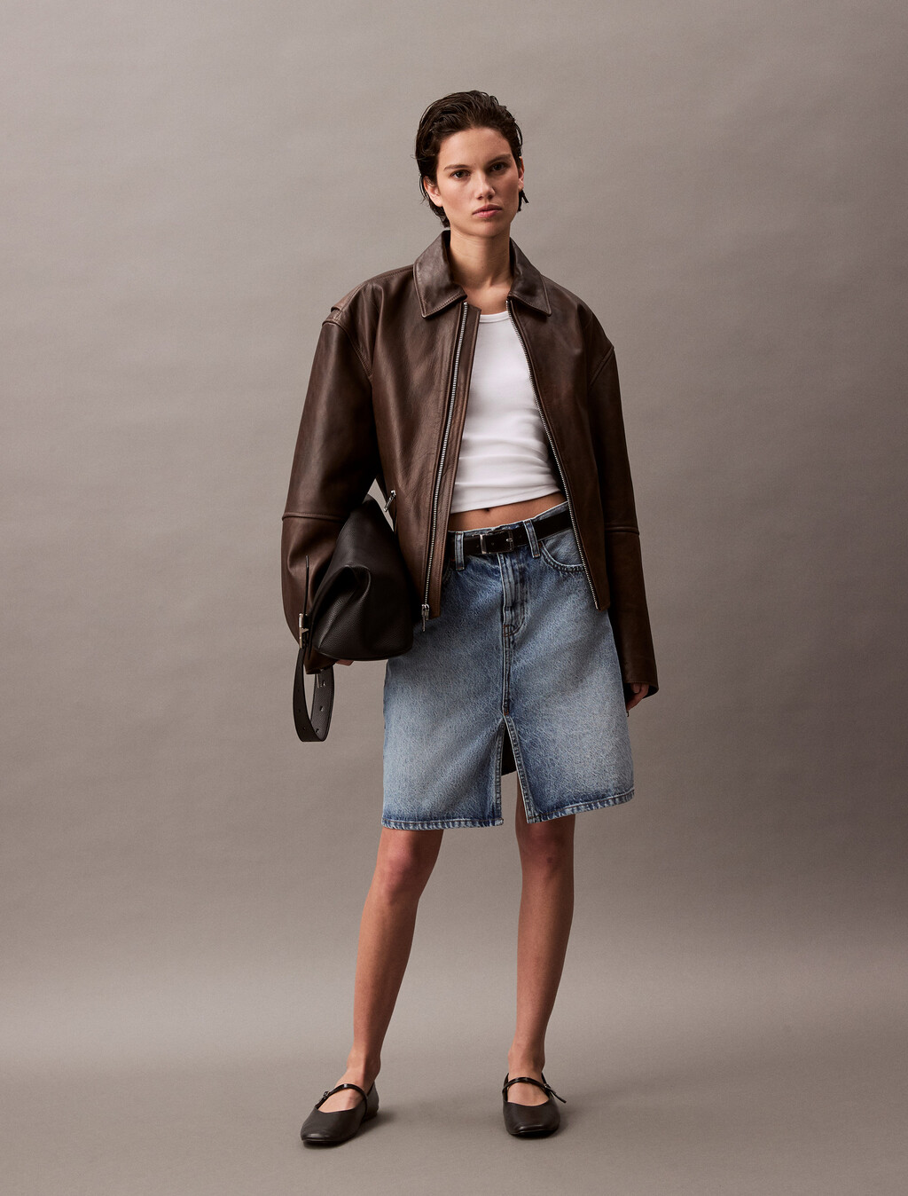 Front Slit Midi Denim Skirt, SAGE STONE, hi-res