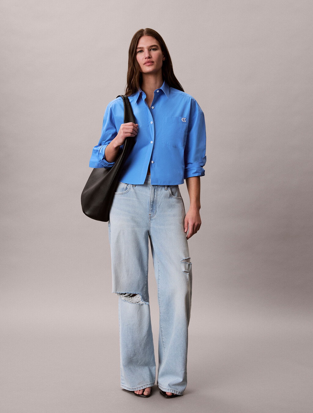 Cropped Cotton Poplin Shirt, Marina, hi-res