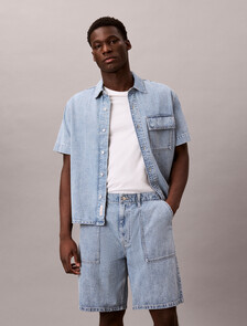 Cotton Linen Denim Shorts, SHALLOW TIDE, hi-res