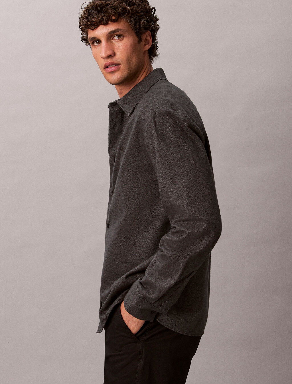 Melange Flannel Relaxed Button-Down Shirt, Black, hi-res