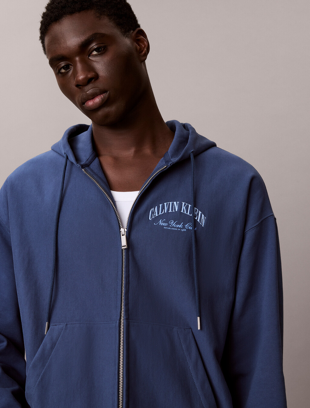 棒球風標誌拉鍊連帽外套, Dark Denim, hi-res