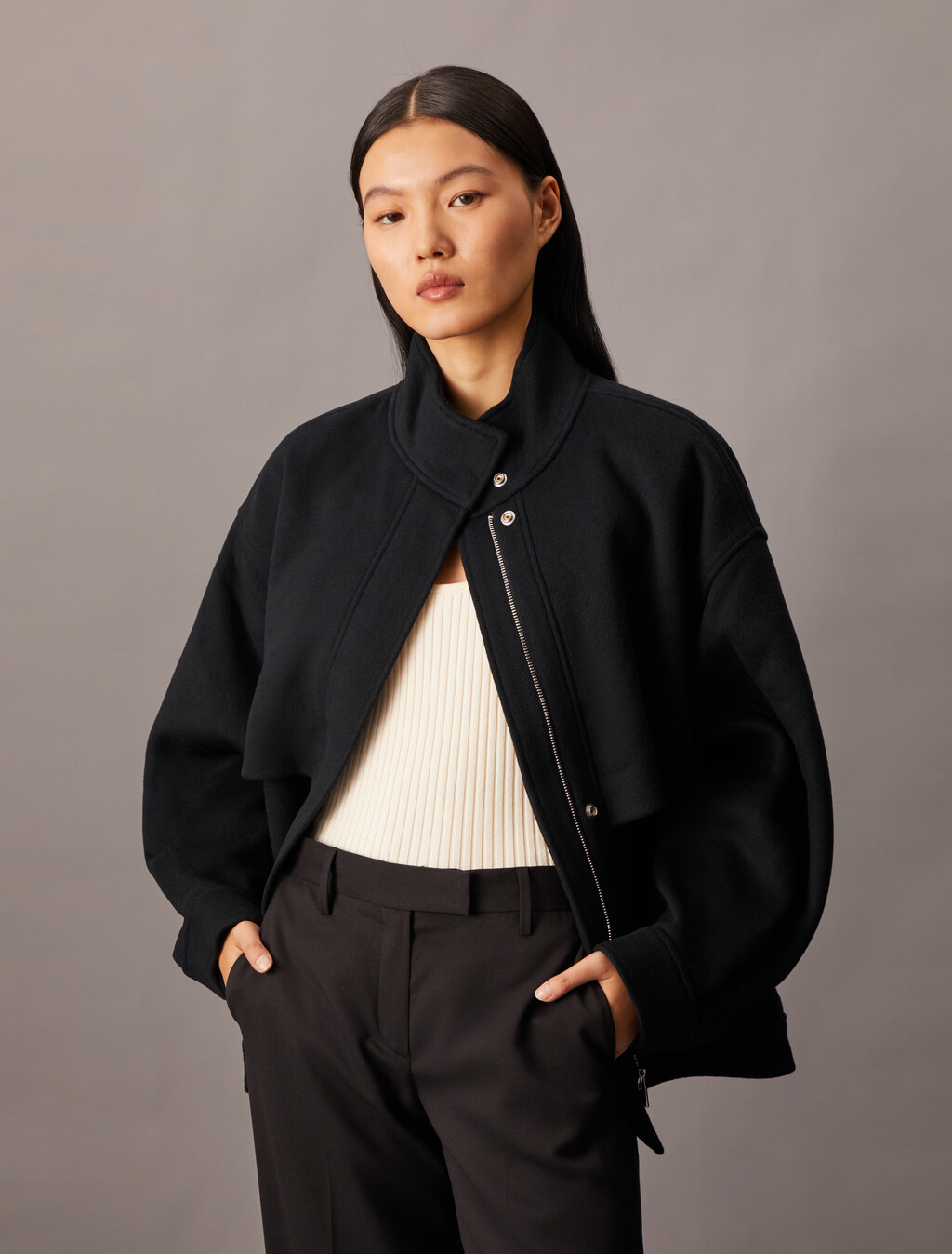 Cashmere Wool Blend Short Bomber Jacket, Black Beauty, hi-res