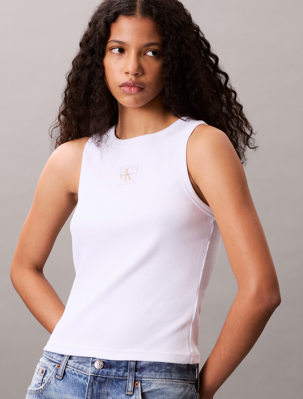Cotton Stretch Rib Tank Top, Bright White, hi-res