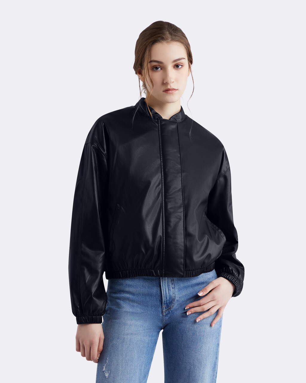 Essential Casual Faux Leather Bomber Jacket, BLACK BEAUTY, hi-res