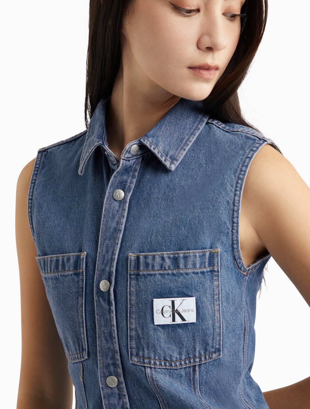Sleeveless Denim Shirt, 051B STONE MID, hi-res