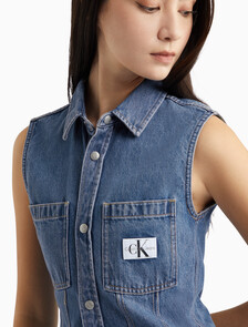Sleeveless Denim Shirt, 051B STONE MID, hi-res