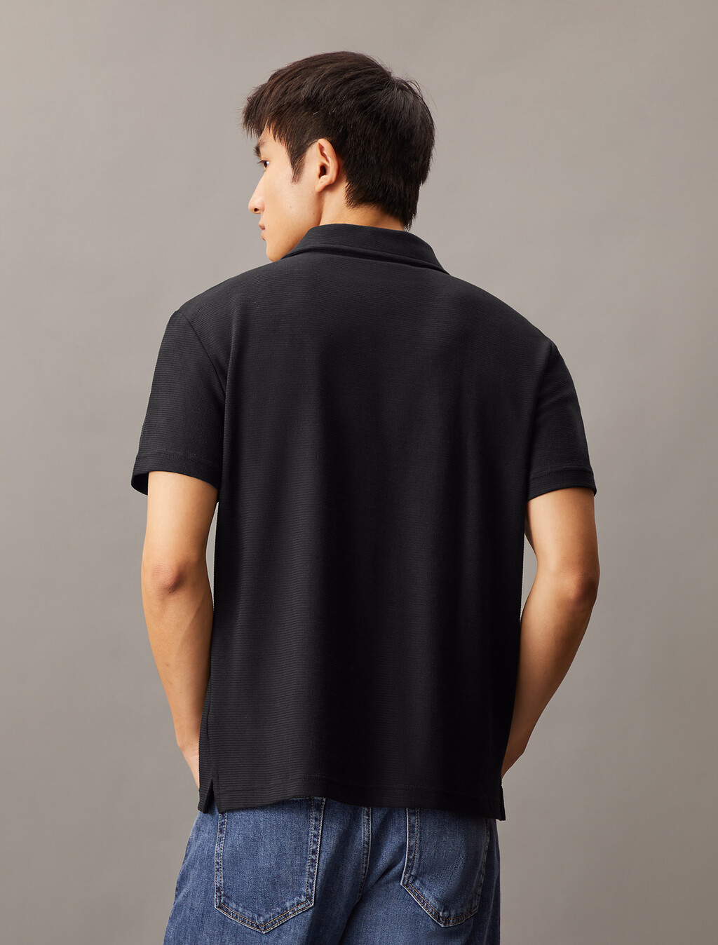 Textured Open Collar Knit Polo, Ck Black, hi-res
