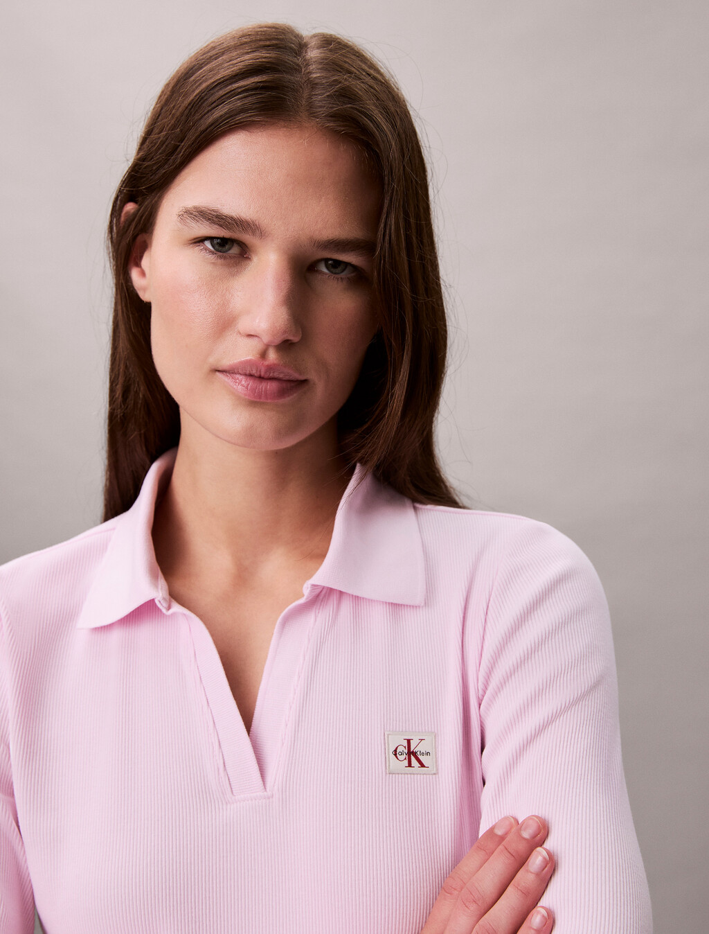 Woven Monologo Rib Collared Top, Pearly Pink, hi-res