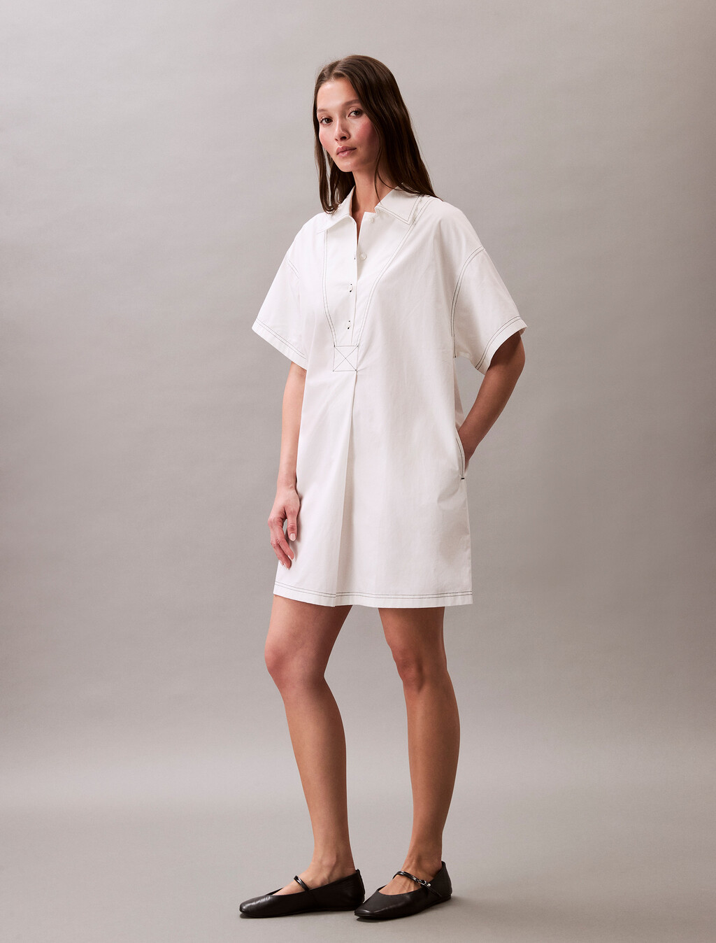 Cotton Twill Mini Shirt Dress, Blanc De Blanc, hi-res