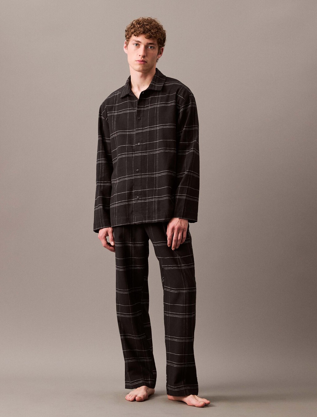 法蘭絨睡裝鈕扣襯衫, 17770 BEAM PLAID+BLACK, hi-res