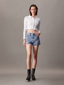 Rib Knit Button Up Polo Top, Bright White, hi-res