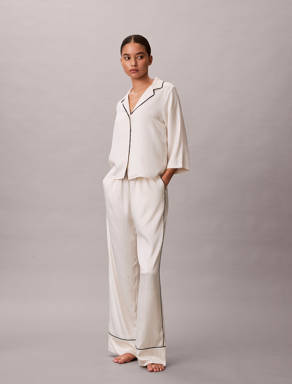 亮面緞面睡褲, DOTTED LOGO PINSTRIPE IVORY, hi-res