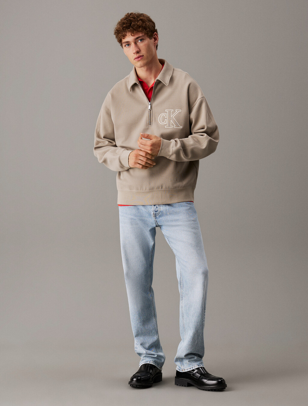 羅紋標誌貼飾拉鍊 Polo 衫, Vintage Khaki, hi-res