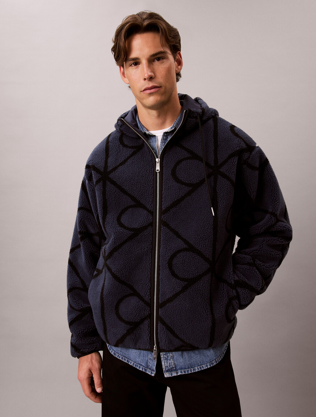 Sherpa Fleece Emblem Zip Hoodie, Blue Nights, hi-res