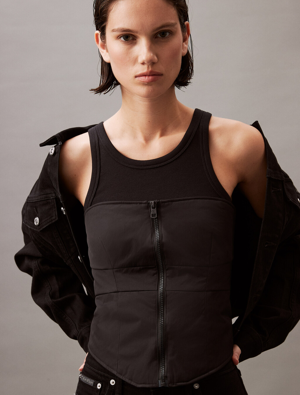 Padded Zip Bustier Top, Ck Black, hi-res