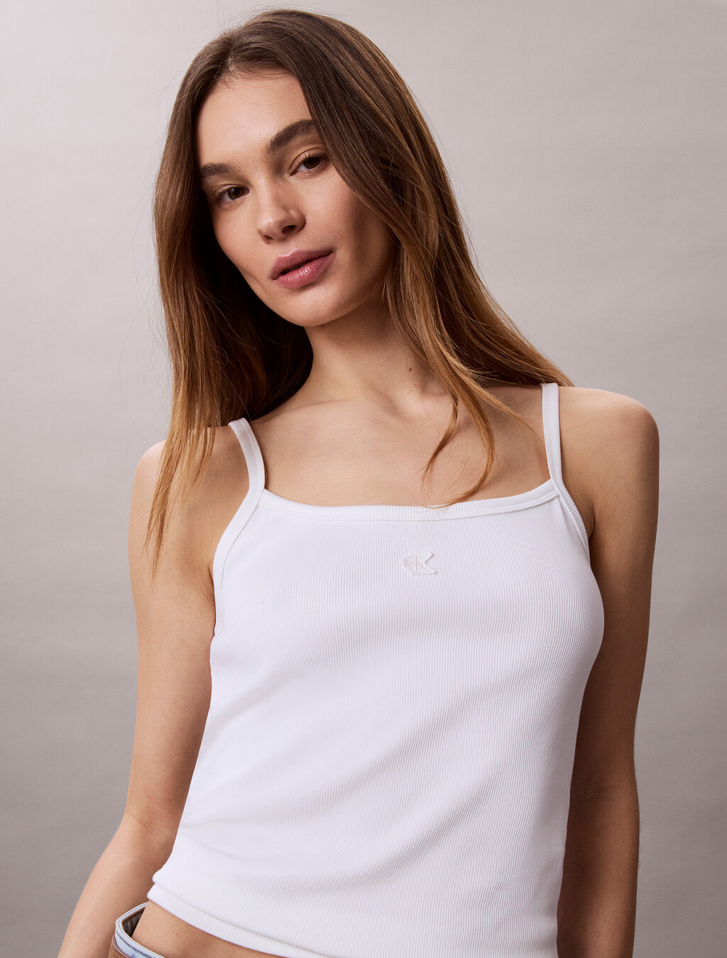Ribbed Cotton Cami Top, Bright White, hi-res