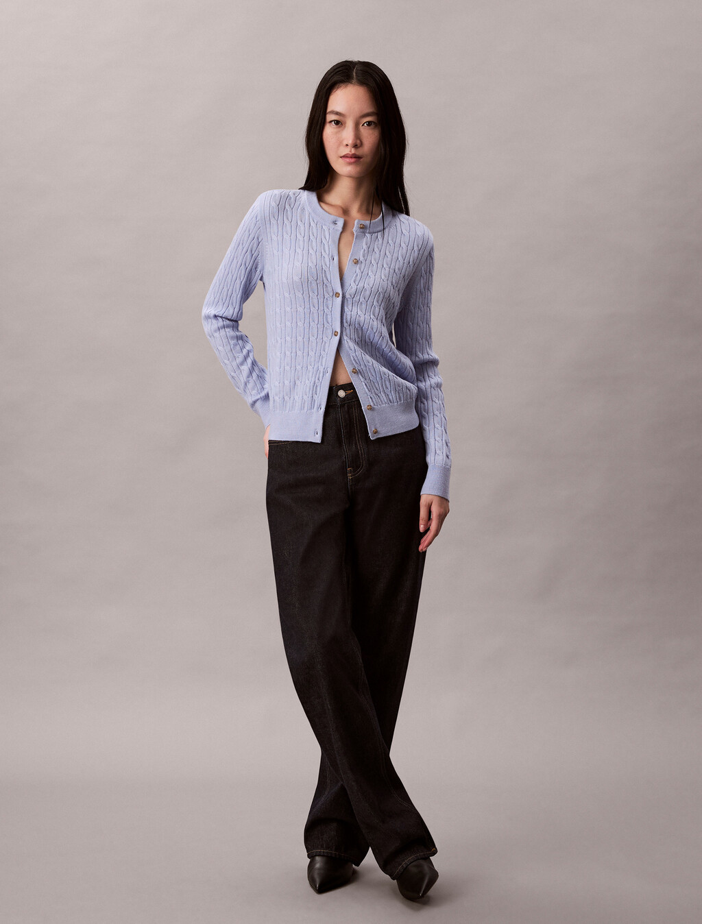 Merino Wool Blend Cable Cardigan, Casual Blue, hi-res