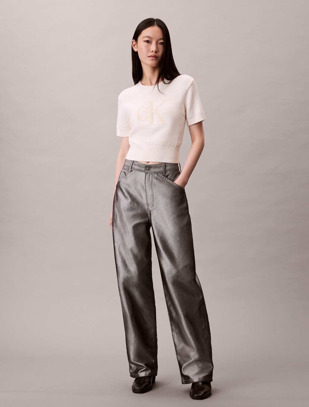 Monologo Cropped Jumper, White Greige, hi-res