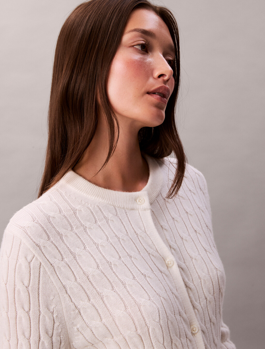 Merino Wool Blend Cable Cardigan, White Greige, hi-res