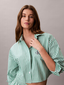 Cropped Cotton Poplin Pyjama Top, PENNY STRIPE MARDI GRAS GREEN, hi-res