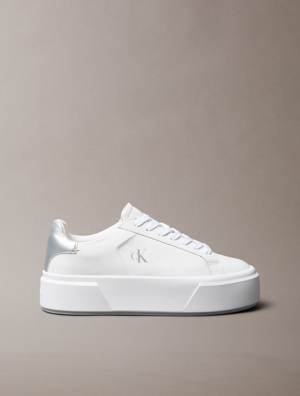 Sienna - Leather Logo Platform Trainers, Bright White/Silver, hi-res