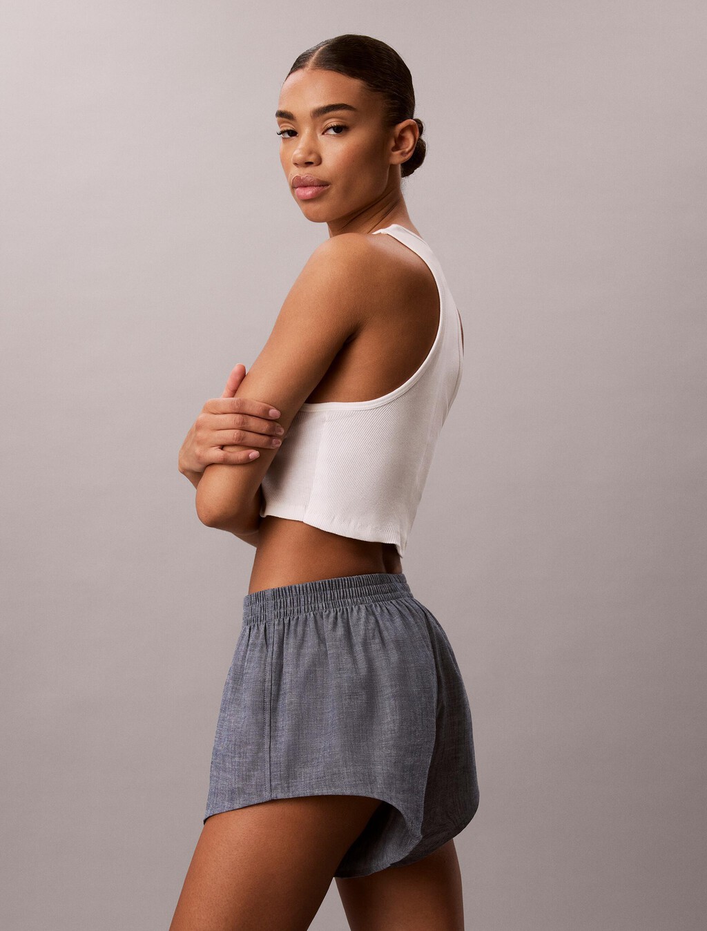 Cotton Chambray Pyjama Shorts, Indigo, hi-res