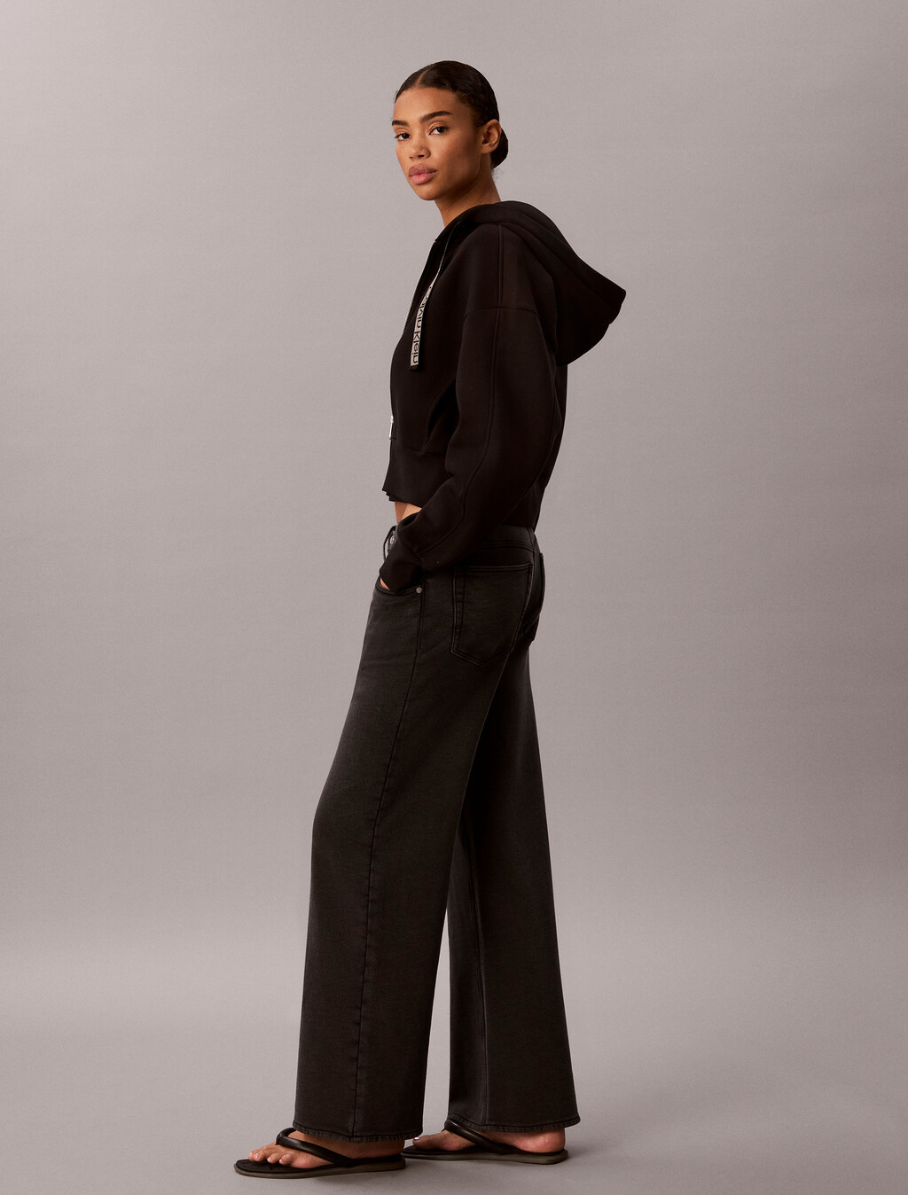 Cotton Terry Wide Leg Trousers, Black, hi-res