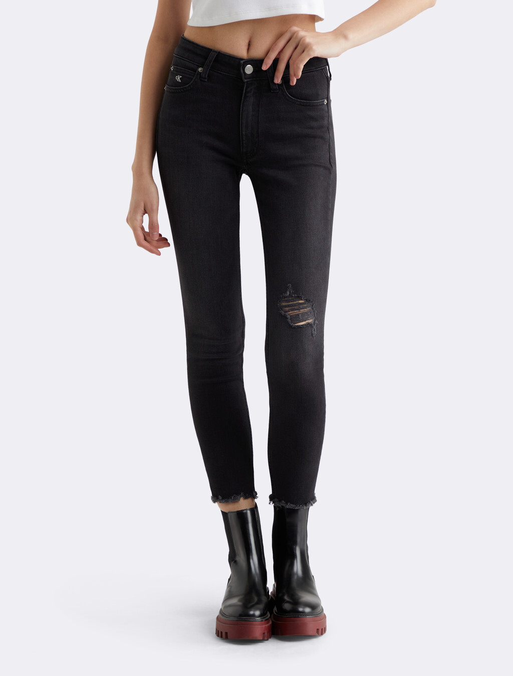CKJ 010 Distressed High Rise Skinny Ankle Jeans, Acd Wash Black Dstr Hem, hi-res