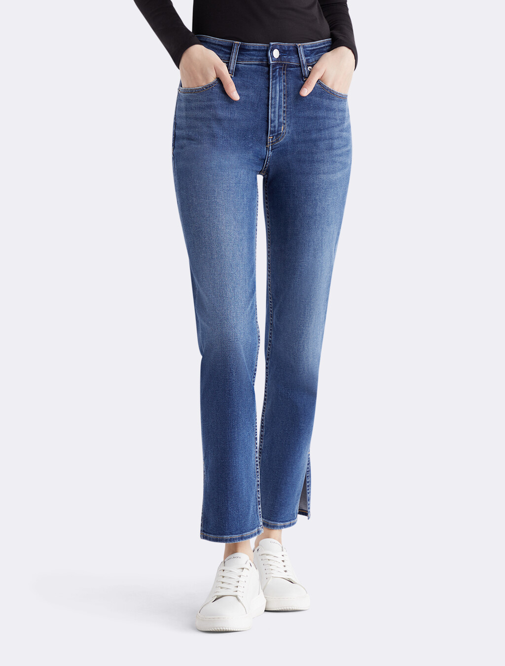 High Rise Split Hem Slim Straight Jeans, 082 DARK BLUE, hi-res