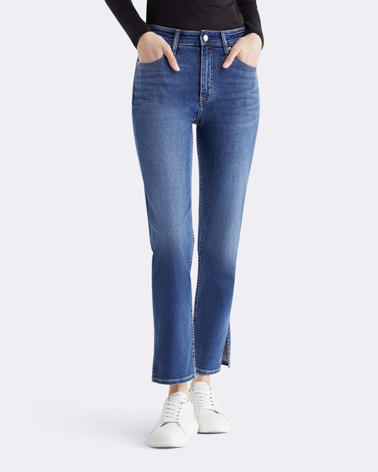High Rise Split Hem Slim Straight Jeans
