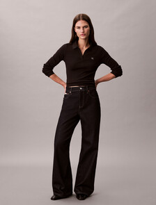 Woven Monologo Rib Collared Top, Black, hi-res