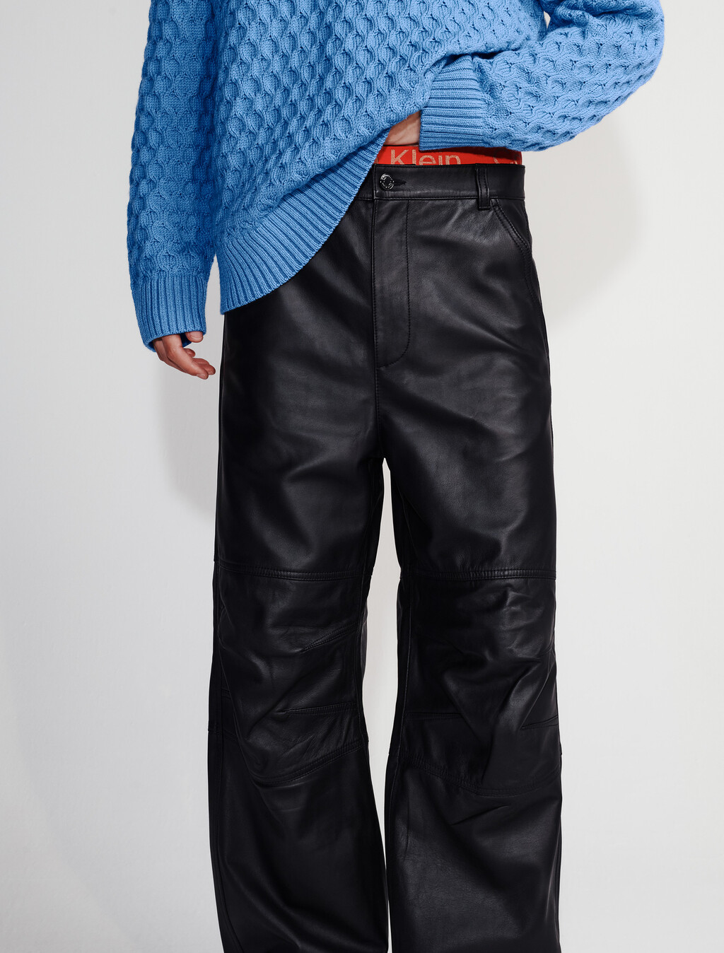 Leather Wide Leg Chinos, Black, hi-res