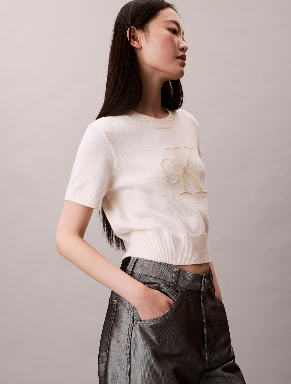 Monologo Cropped Jumper, White Greige, hi-res