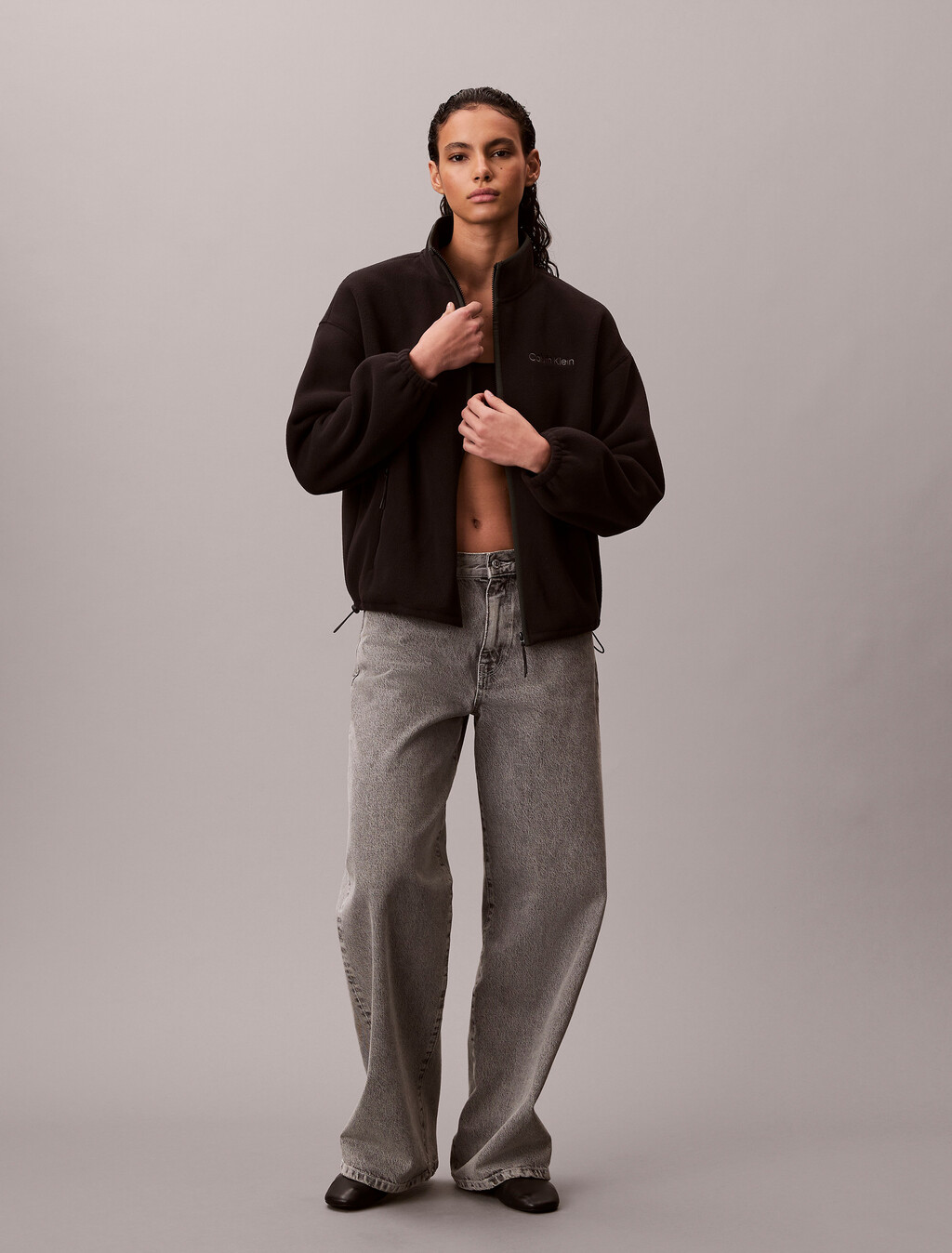 Fleece Relaxed Mock Neck Jacket, Black, hi-res