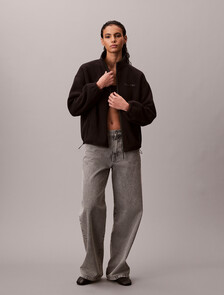 Fleece Relaxed Mock Neck Jacket, Black, hi-res