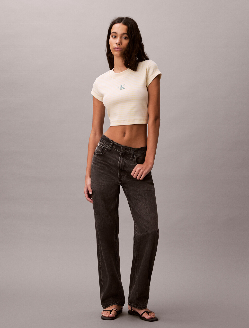 修身羅紋針織條紋 T 恤, French Vanilla Stripe, hi-res