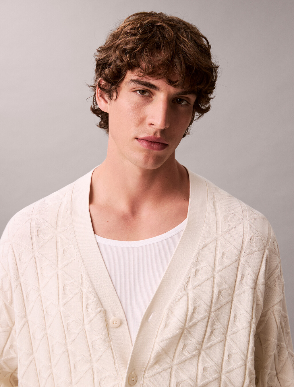 Allover Emblem Logo Relaxed Cardigan, Tofu, hi-res