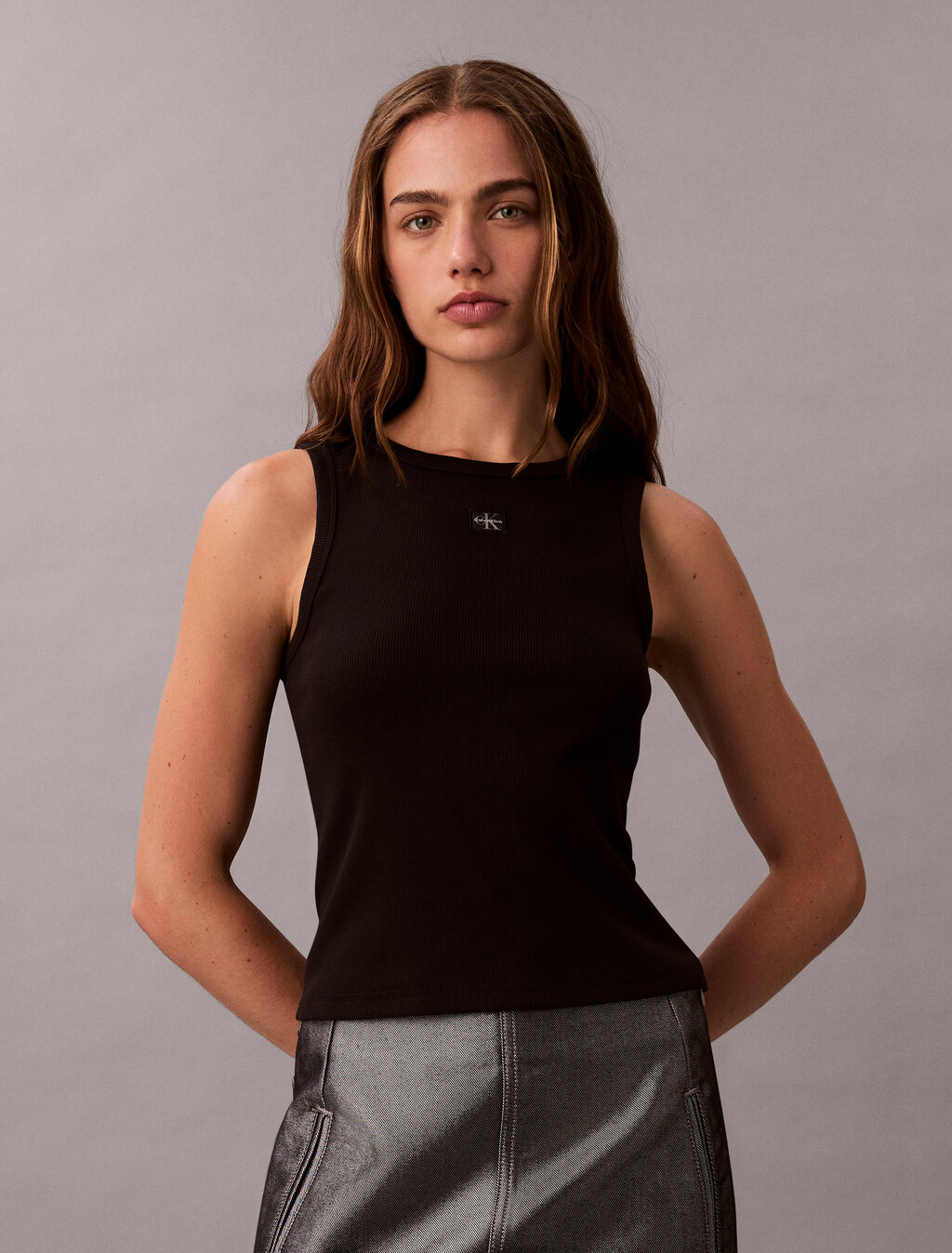 棉質彈性羅紋針織背心, Black, hi-res