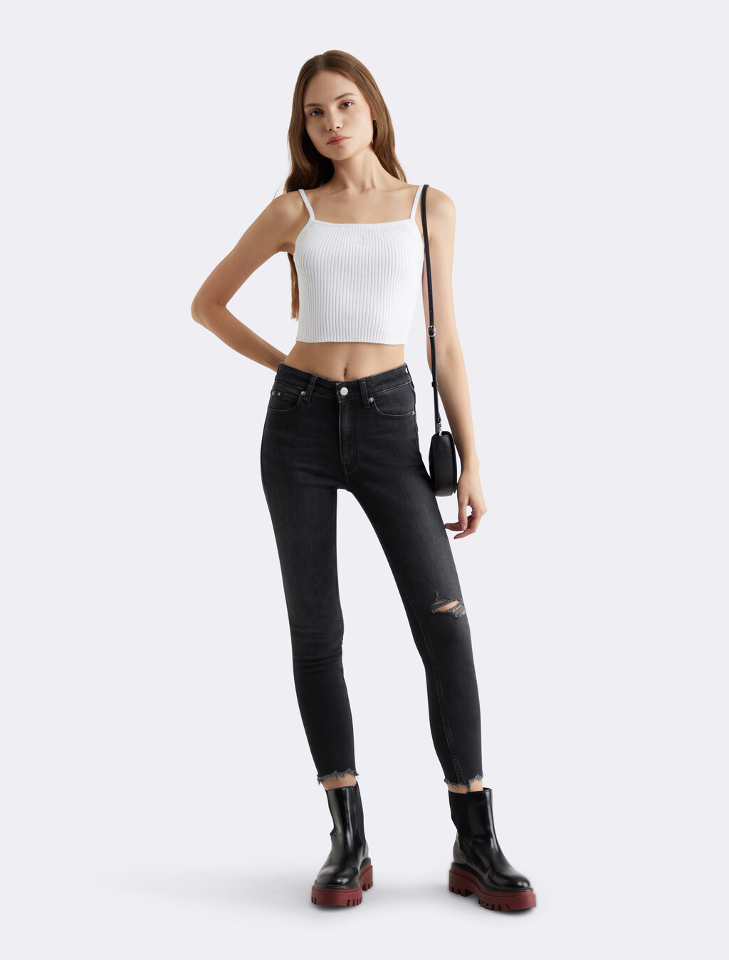 Black Distressed High Rise Skinny Ankle Jeans, Wash Black Dstr Hem, hi-res