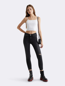 Black Distressed High Rise Skinny Ankle Jeans, Wash Black Dstr Hem, hi-res