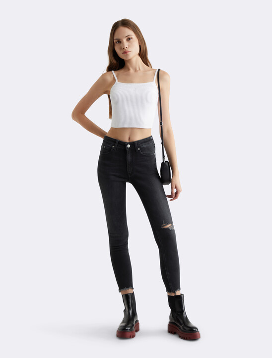 Black Distressed High Rise Skinny Ankle Jeans