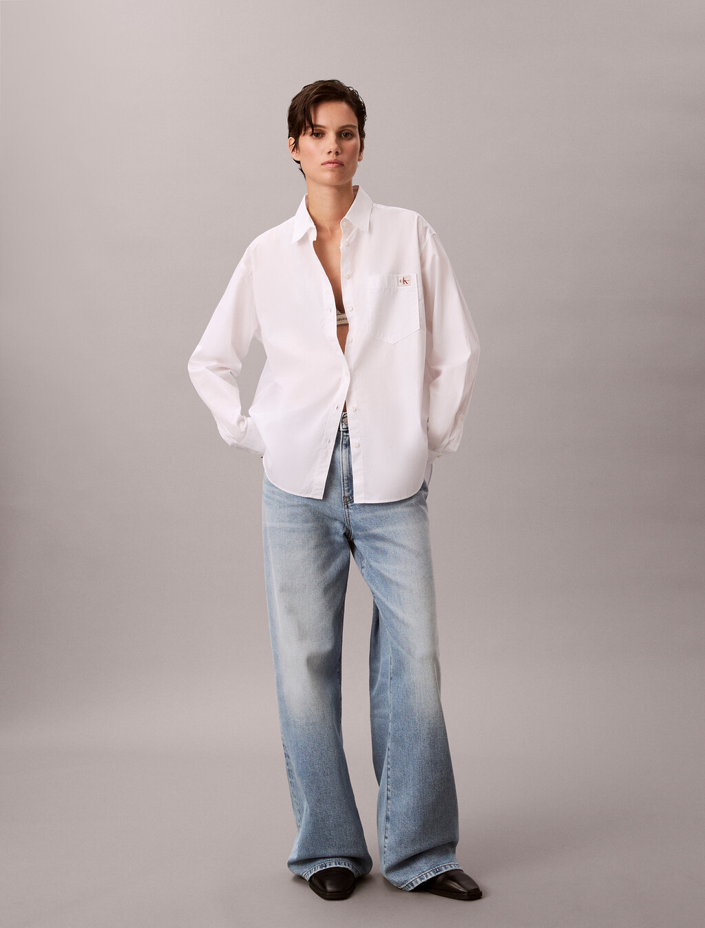 寬鬆府綢棉襯衫, Brilliant White, hi-res