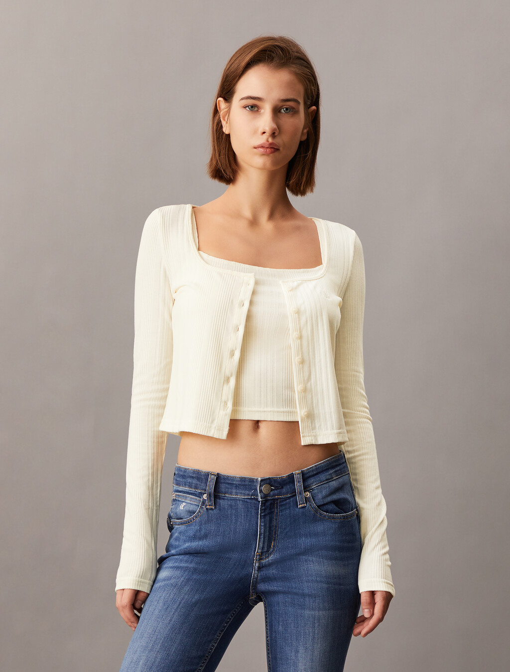 2 in 1 Rib Knit Slim Cardigan, Ivory, hi-res